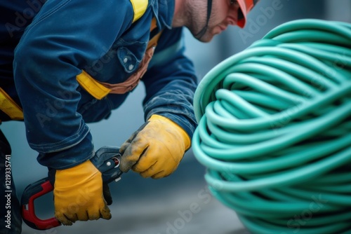 Construction worker uses power tool while handling coiled garden hose at a job site under overcast sky photo