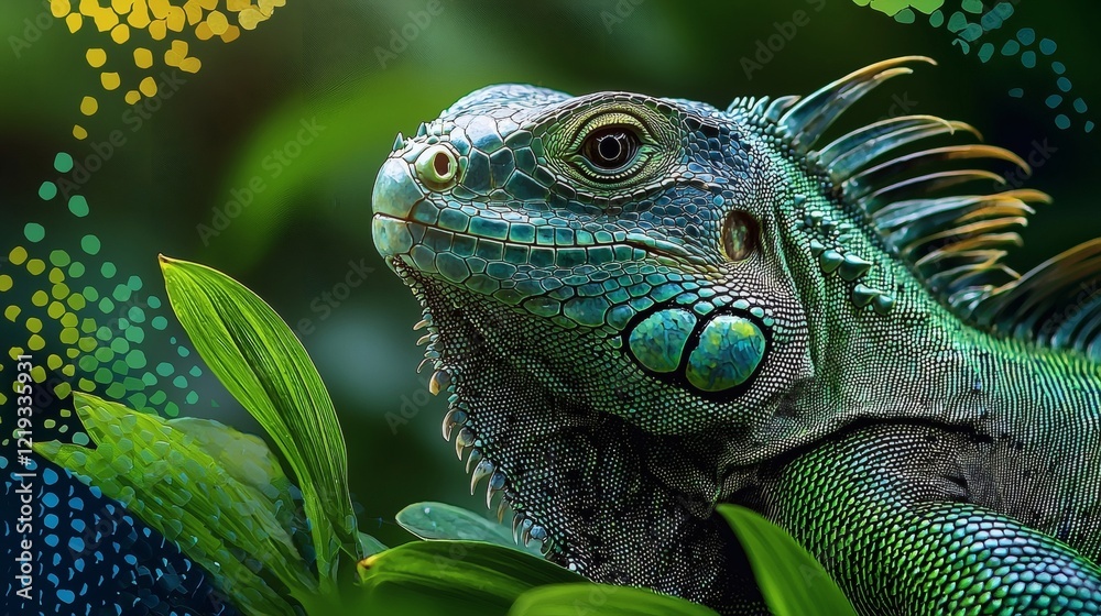 Fototapeta premium Magnificent Green Iguana in Lush Tropical Foliage