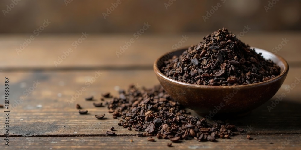 Aromatic Dark Roasted Beans in Rustic Bowl on Wooden Surface Aromatic Dark Roasted Beans in Rustic Bowl on Wooden Surface