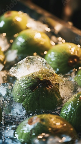 Fresh coconuts on ice, market display photo