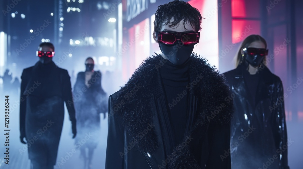 Futuristic Fashion Models on Urban Street at Night with Fog Futuristic Fashion Models on Urban Street at Night with Fog