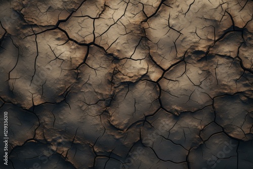 Cracked mud creates a beautiful abstract pattern, ideal for backgrounds and textures related to drought, climate change, and environmental challenges photo