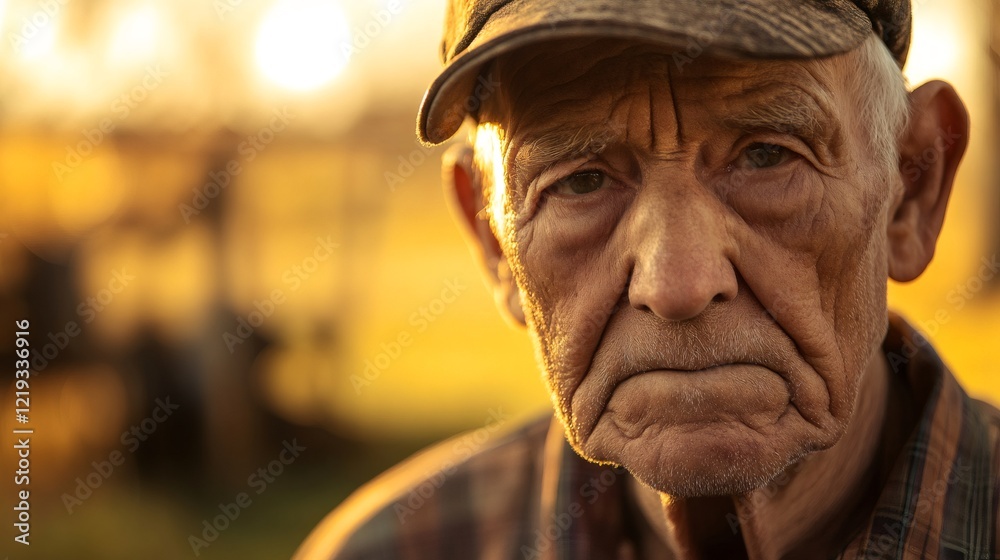 Fototapeta premium Portrait of senior farmer experiencing hardship during golden hour