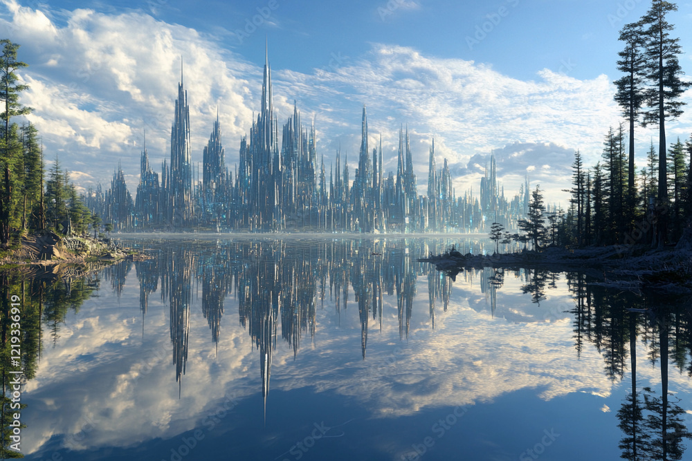 Obraz premium City skyline reflects in calm lake surrounded by trees during sunset with vibrant clouds and soft glow