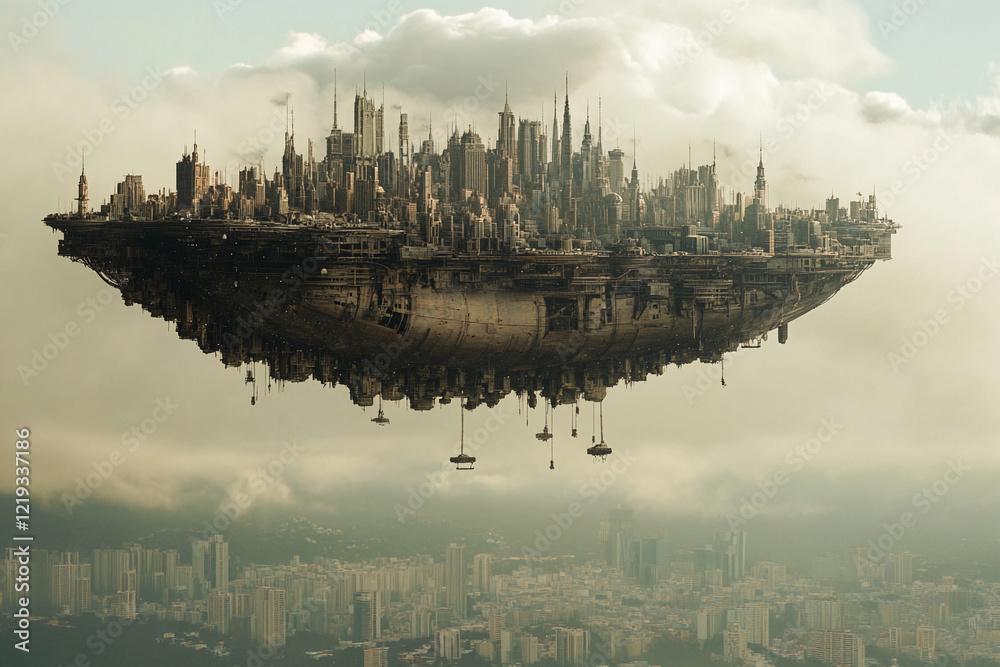 Naklejka premium Floating industrial city above a modern skyline during golden hour