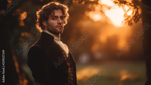 Historical gentleman posing at sunset in a park