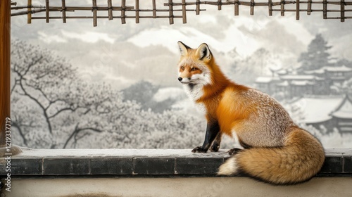 Red fox sits on snowy wall, winter Japanese landscape background. Possible stock photo use photo