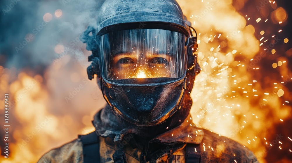 Firefighter welding amidst inferno, safety gear Firefighter welding amidst inferno, safety gear