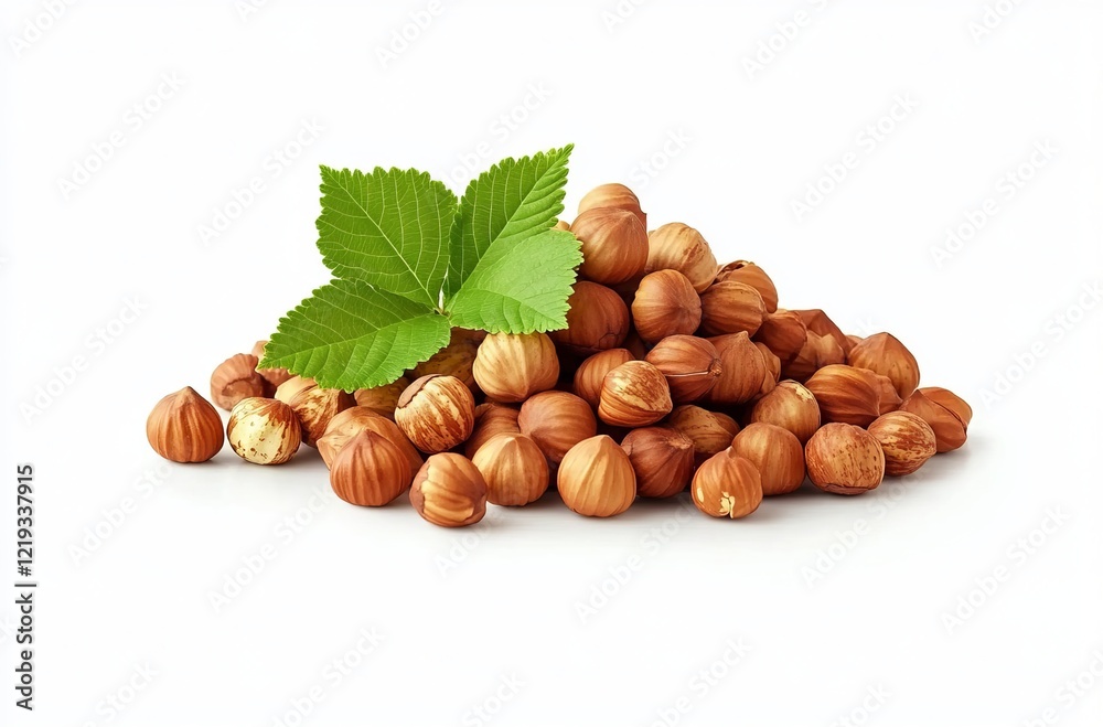 A pile of hazelnuts with leaves, isolated on a white background A pile of hazelnuts with leaves, isolated on a white background