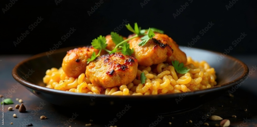 Aromatic plate of Chettinad Chicken against black background, indian cuisine, cardamom pods, coconut milk