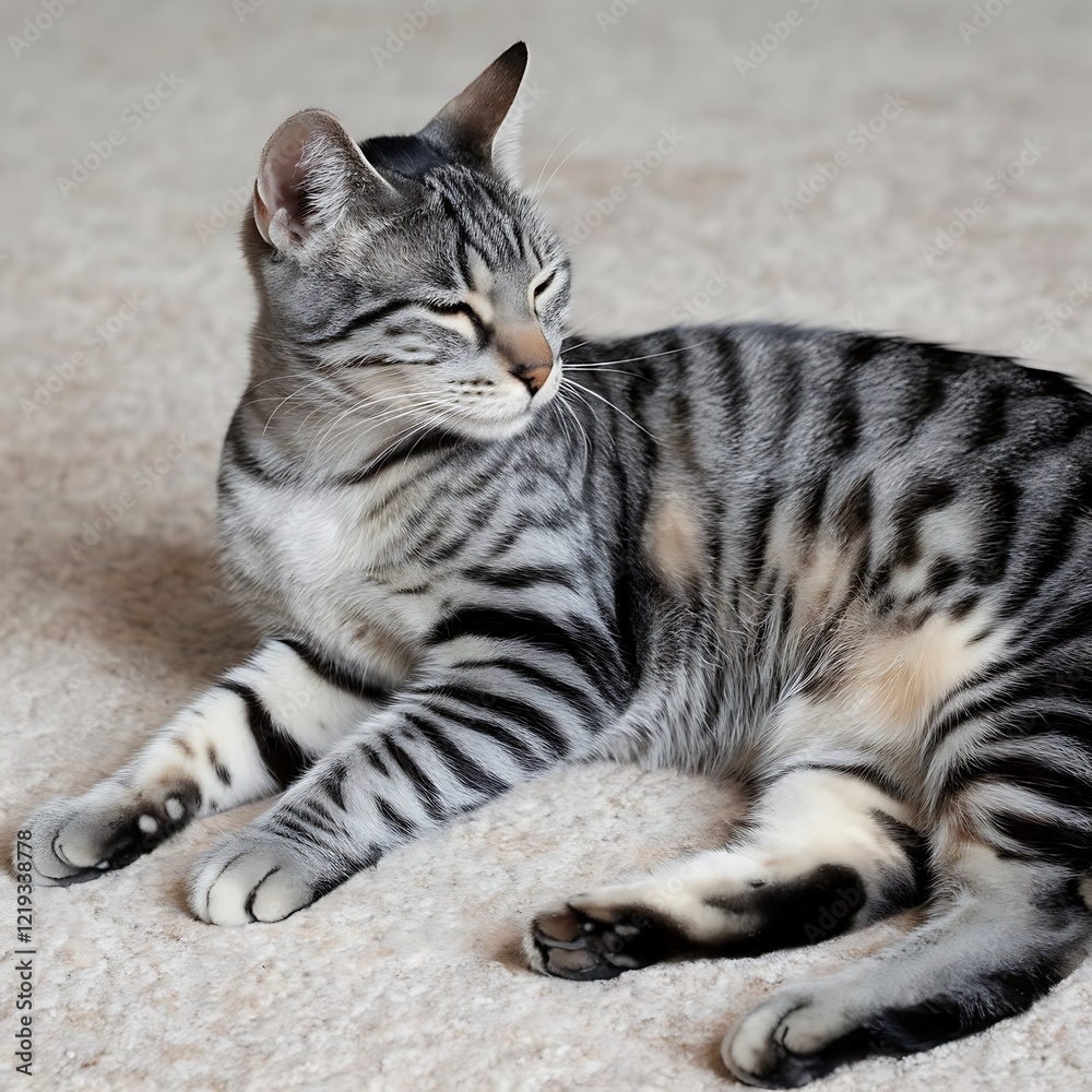 A gray tabby cat lies on a tan carpet floor business function for advertising pet products A gray tabby cat lies on a tan carpet floor business function for advertising pet products
