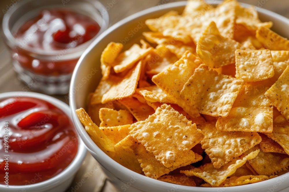 Square crunchy corn chips seasoned with spices served with ketchup in a white bowl Square crunchy corn chips seasoned with spices served with ketchup in a white bowl
