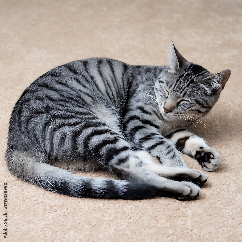 Sleeping Cat with Striped Fur, silver and black color, for business application