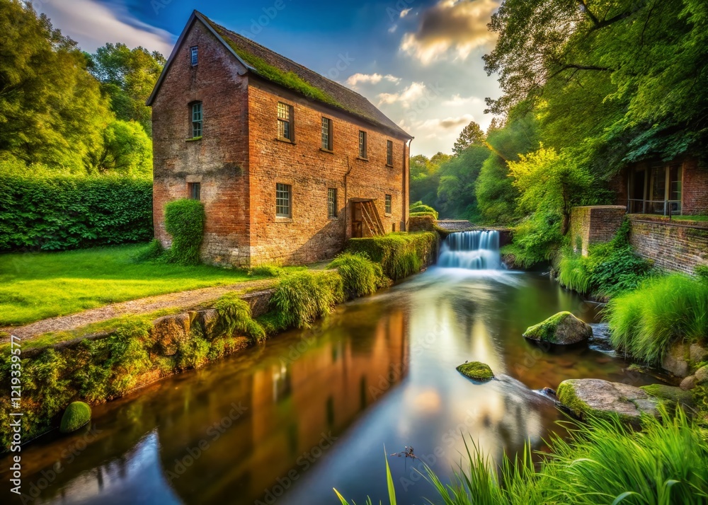 Rustic Charm: Long Exposure of an Old Brick Mill in the Countryside Rustic Charm: Long Exposure of an Old Brick Mill in the Countryside