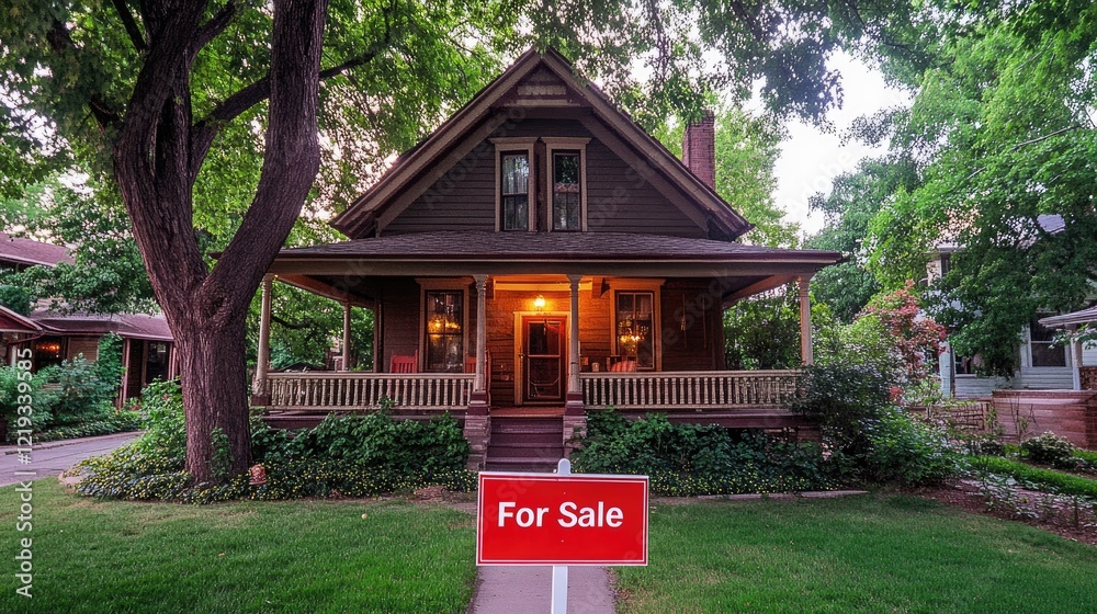 A cozy house with a welcoming porch and a red A cozy house with a welcoming porch and a red