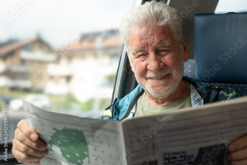 Senior smiling bearded man enjoys the train ride sitting in passenger seat by the window reading a newspaper