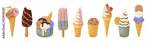 Delicious Ice Cream in a cone, bucket, and on a stick. Creamy Gelato in pastel colors. Summer dessert. Vector.