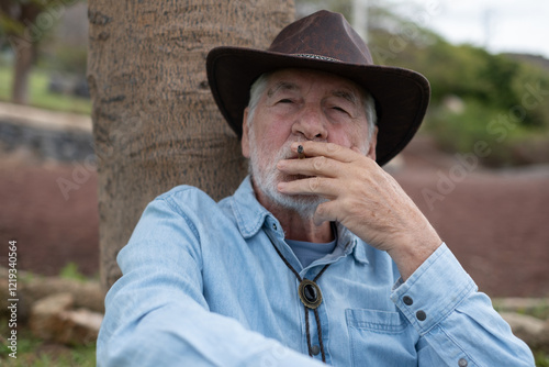 Portrait of an old smiling caucasian senior bearded man in outdoors wearing a cowboy leather hat smoking a cigarillo photo