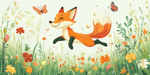 Cheerful fox running through flowers  
