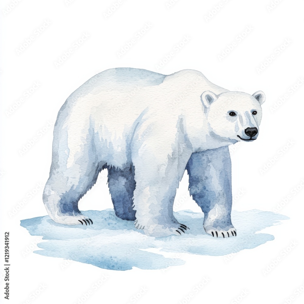 Fototapeta premium Watercolor illustration of a polar bear walking in a snowy landscape arctic environment nature scene, isolated on white background