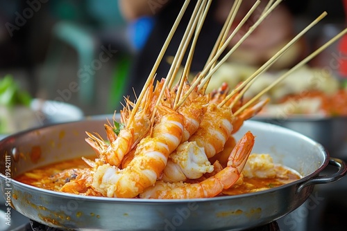 A plate of cooked shrimp and colorful skewers, great for food photography or advertisement
