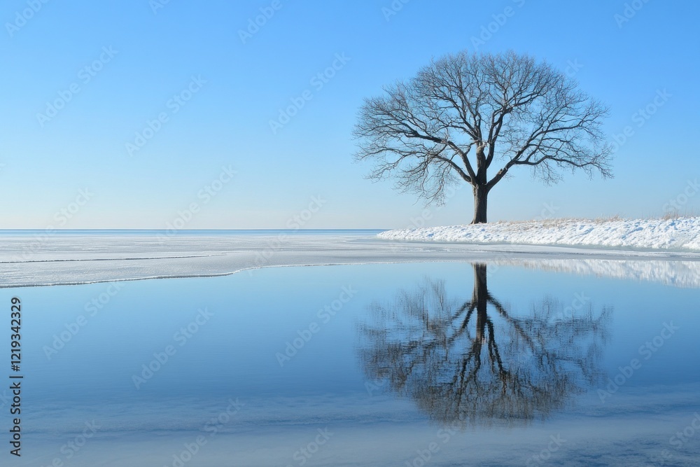 Serene Winter Landscape with Bare Tree and Calm Water Reflecting Clear Blue Sky, Evoking Feelings of Tranquility and Natural Beauty in a Cold Season Serene Winter Landscape with Bare Tree and Calm Water Reflecting Clear Blue Sky, Evoking Feelings of Tranquility and Natural Beauty in a Cold Season