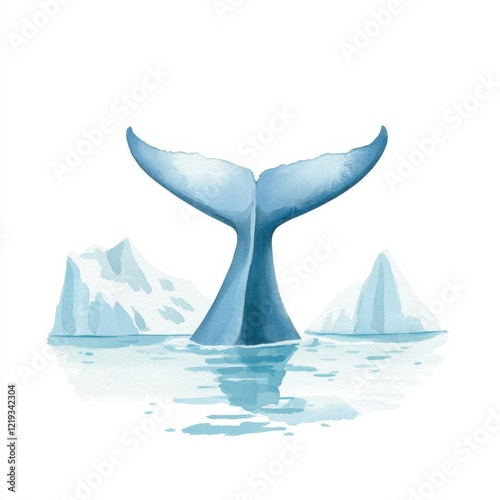 Watercolor whale tail emerges from tranquil waters arctic landscape digital art serene environment creative perspective, isolated on white background photo