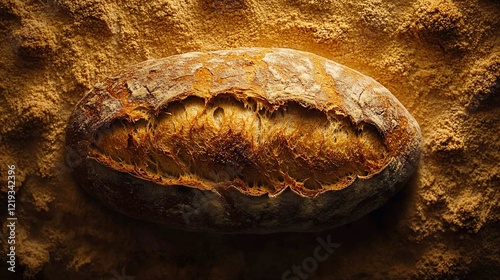 Freshly baked sourdough loaf on flour photo