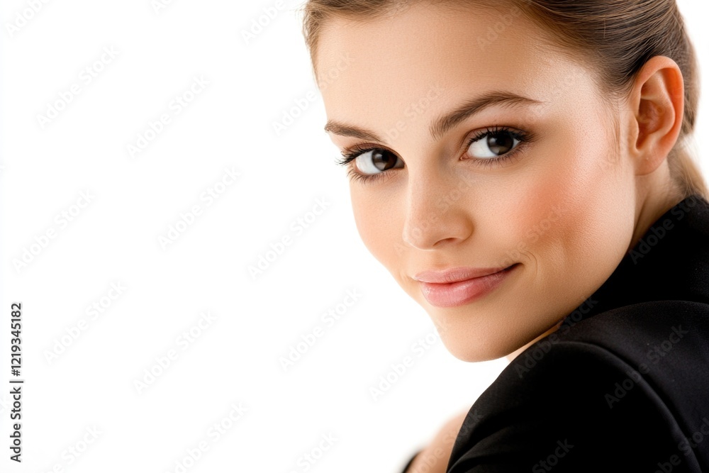 Obraz premium A woman wearing a black jacket standing on a white background