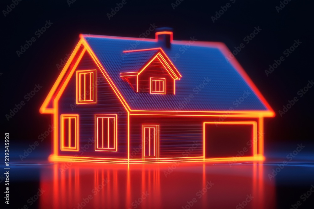 A glowing, neon outline of a house set against a dark background, emphasizing modern design and architectural aesthetics. A glowing, neon outline of a house set against a dark background, emphasizing modern design and architectural aesthetics.