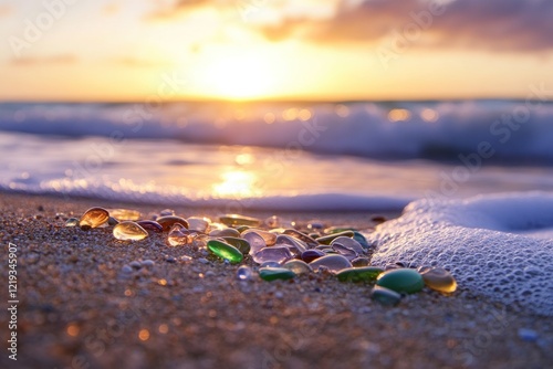 Beautiful sunset over the ocean with smooth pebbles scattered on the sandy beach, creating a serene atmosphere of tranquility and natural beauty captured in stunning detail.