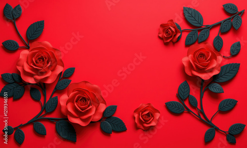 Wallpaper Mural Beautiful red roses with dark green leaves create elegant papercut design on vibrant red background, perfect for romantic themes and decorations Torontodigital.ca