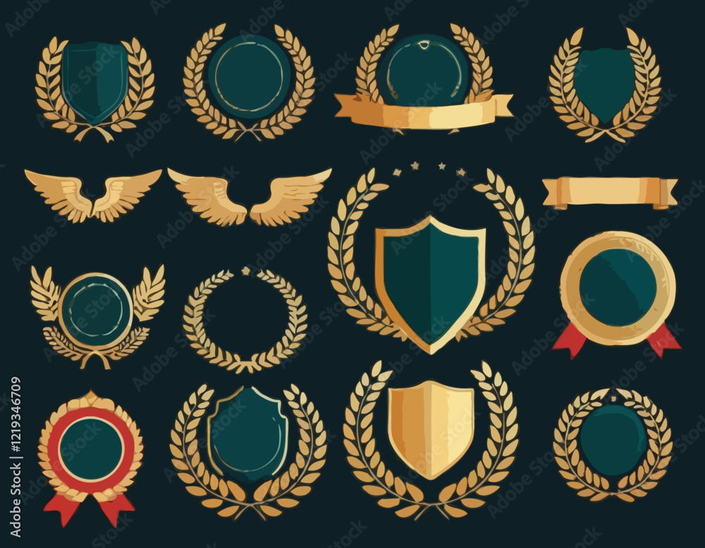 Laurel wreath, shield, wing, ribbon, and banners vector set. Laurel wreaths, shields, wings, ribbons illustration for awards, heraldry, logos, badges, and branding designs
Laurel wreath, shield, wing, ribbon, and banners vector set. Laurel wreaths, shields, wings, ribbons illustration for awards, heraldry, logos, badges, and branding designs