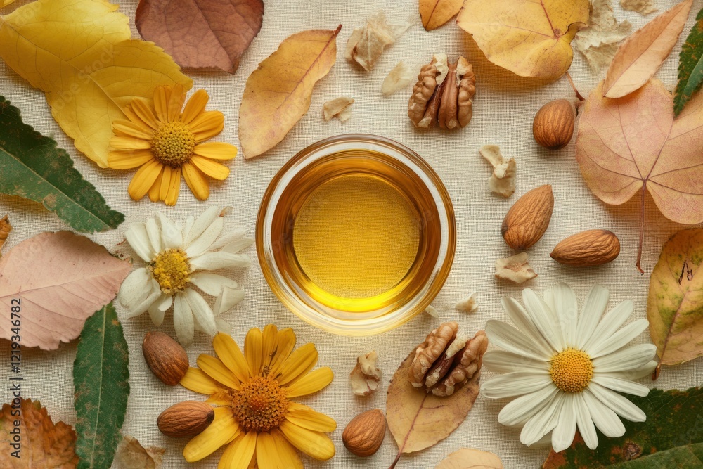 Fresh Natural Ingredients and Autumn Leaves Surrounding a Glass Bowl of Golden Oil on a Beige Cloth, Aesthetic Presentation for Culinary or Wellness Use Fresh Natural Ingredients and Autumn Leaves Surrounding a Glass Bowl of Golden Oil on a Beige Cloth, Aesthetic Presentation for Culinary or Wellness Use