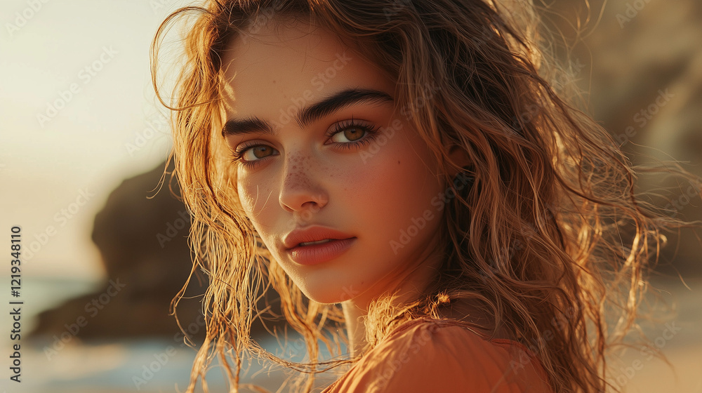Elegant Beach Portrait of a Female Model in Sunset Tones – Ideal for Travel Campaigns