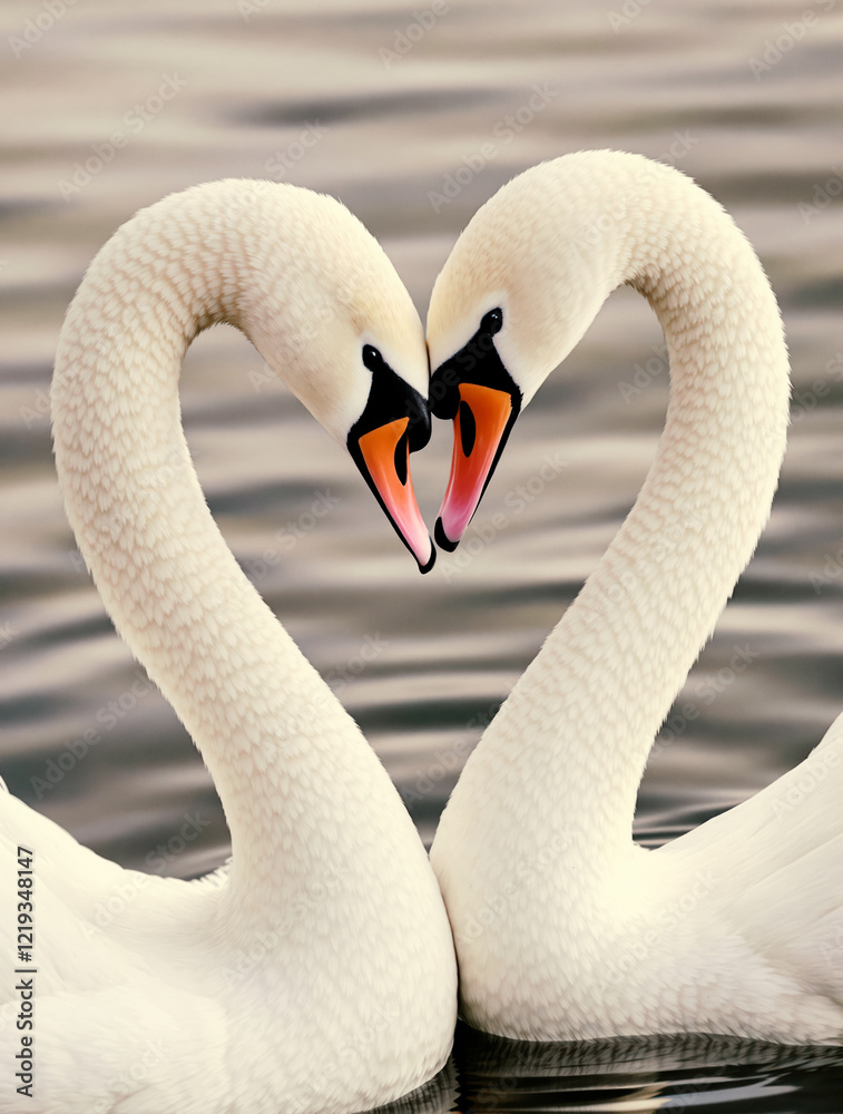 Obraz premium Two White Swans Forming a Heart Shape with Their Long Necks in a Serene Lake, Symbol of Love and Partnership