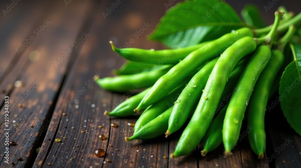 Fresh vibrant green beans with dew drops on wooden surface Fresh vibrant green beans with dew drops on wooden surface