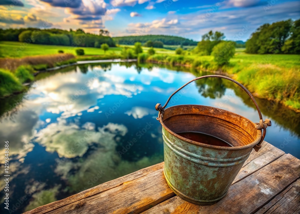 Rustic Old Metal Rusted Bucket on Wooden Well, Rural Water Background Stock Photo Rustic Old Metal Rusted Bucket on Wooden Well, Rural Water Background Stock Photo