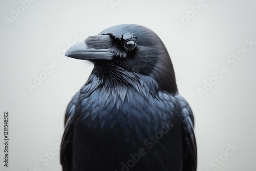 A close-up view of a black bird sitting on a white background, ideal for use in illustrations or designs where a simple yet striking image is needed photo