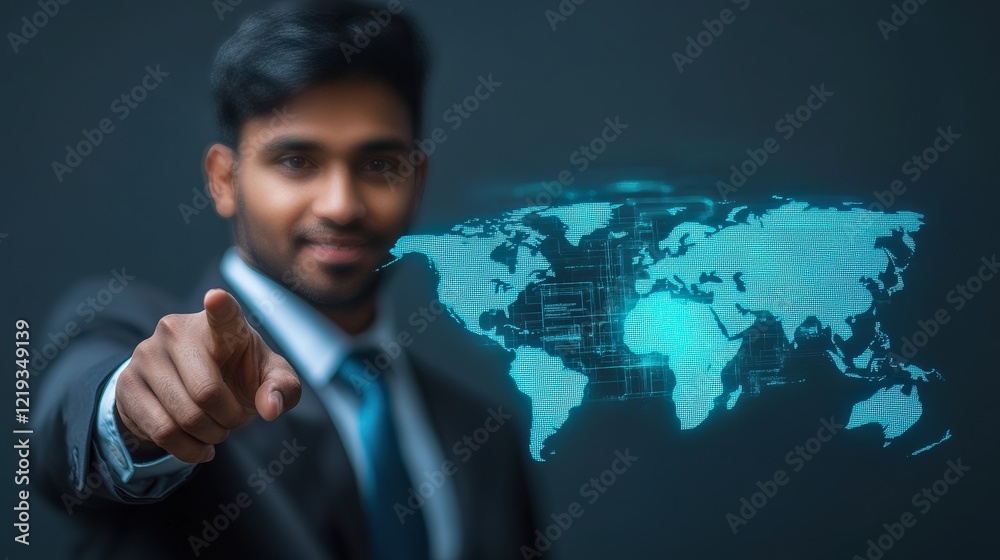 Professional man in suit presenting digital world map, showcasing technology, global connectivity, and business innovation in modern office environment Professional man in suit presenting digital world map, showcasing technology, global connectivity, and business innovation in modern office environment