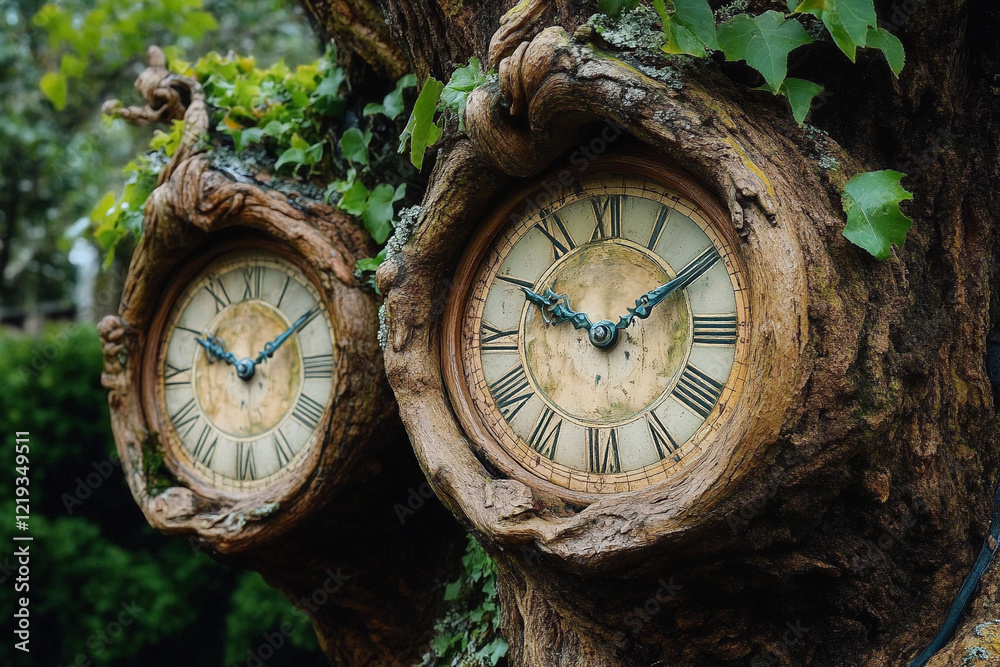 Fototapeta premium Unique tree adorned with clocks against a clear sky in a serene landscape