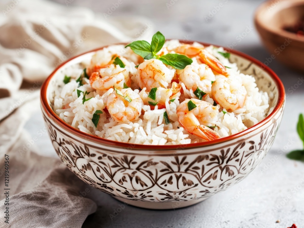 Cooked rice and seafood in a bowl. Steamed white rice with mixed seafood in a decorative bowl. Emphasizing flavor and cultural cuisine. Ideal for food blogs and gourmet recipe sites.