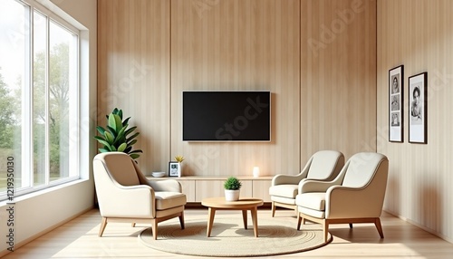 Warm Wooden Office Waiting Room with Comfortable Armchairs and Television for a Relaxing Atmosphere