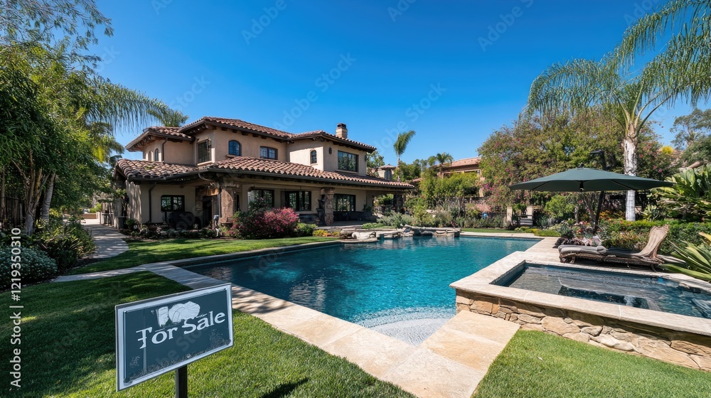 Luxurious home with a pool in the backyard, viewed from the front with a Luxurious home with a pool in the backyard, viewed from the front with a