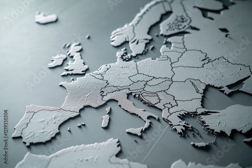 Close-up image of a map of Europe showing various countries and geographical features