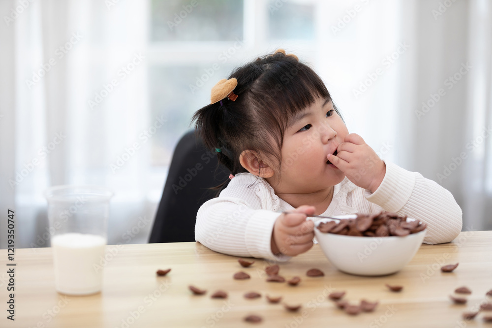 chubby child girl enjoy eating chocolate cereal on the table chubby child girl enjoy eating chocolate cereal on the table