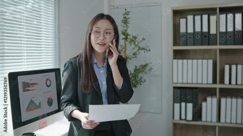 Businesswoman is talking to clients and colleague on the phone and working on tablet in the office Businesswoman is talking to clients and colleague on the phone and working on tablet in the office