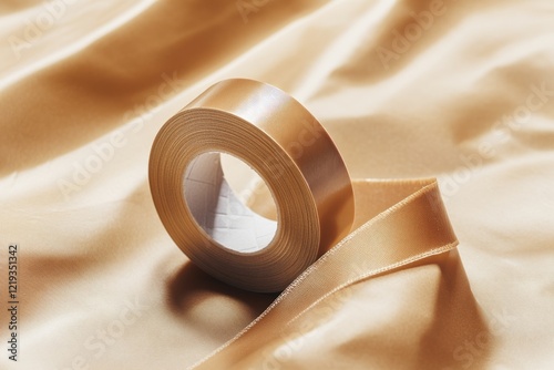 A roll of transparent tape sits on a piece of cloth, ready for use