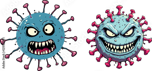 Two dangerous cartoon viruses showing their teeth, pathogens causing infectious disease