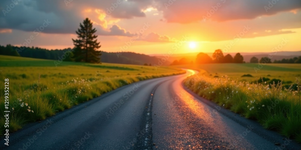 Naklejka premium Serene Sunset Drive on a Winding Country Road, Bathed in Golden Light and Framed by Lush Green Fields